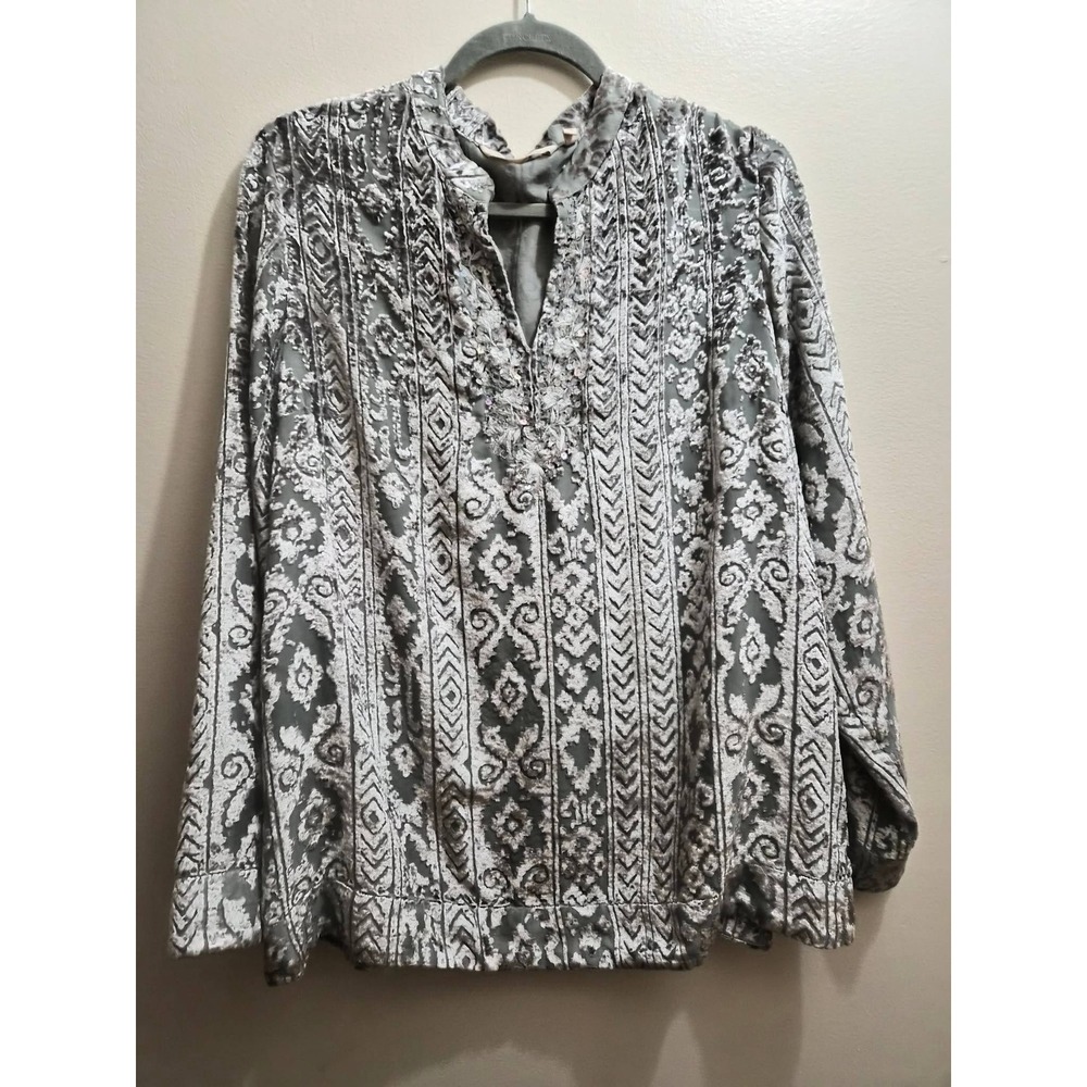 Soft Surroundings Silver Velvet Sparkle Beaded Burnout Tunic Top Large Grey